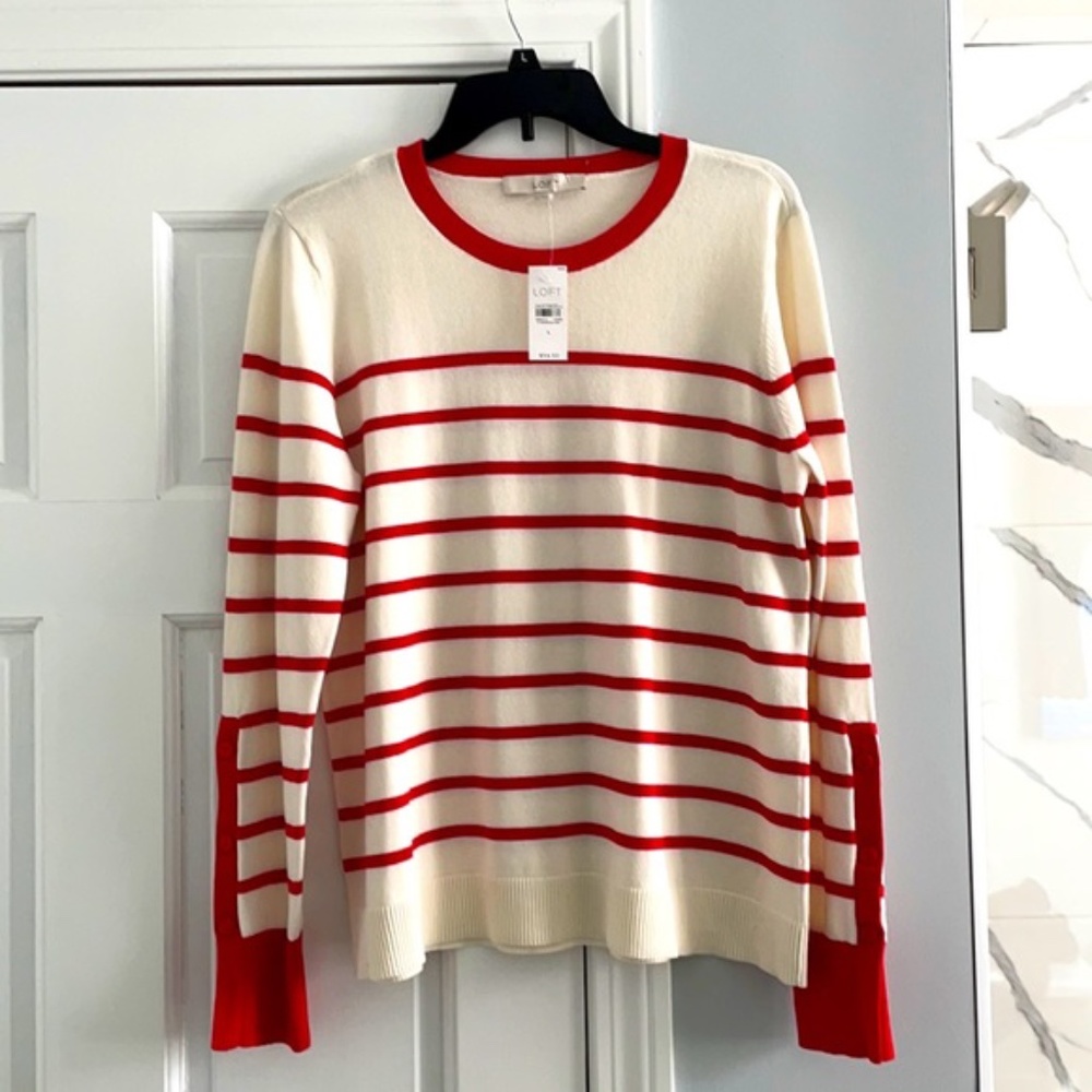 LOFT Women's Cream Sweater with Red Stripes